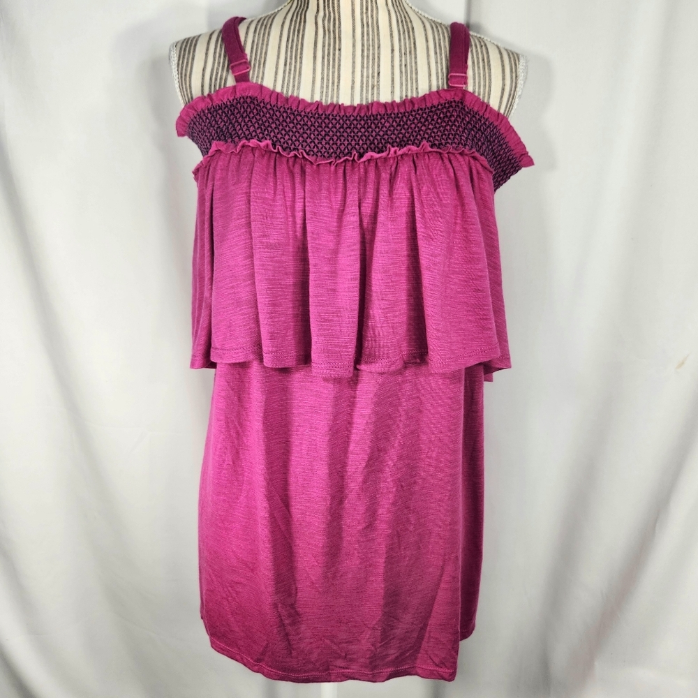 Terra & Sky Magenta Ruffled Smocked Chest Ruffle Edge Adjustable Strap Top Sz 1X